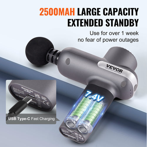 Vevor massage gun with battery and charging details on a gray background