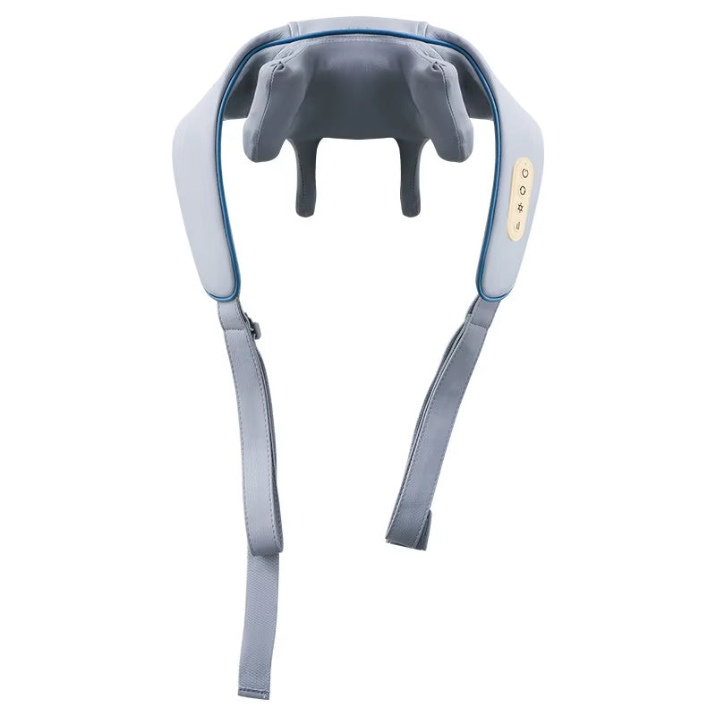 Neck and shoulder massager with gray and blue design on a white background