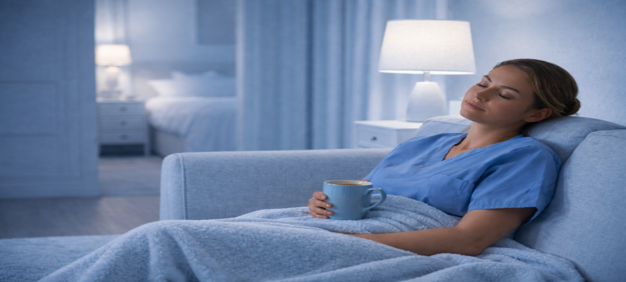 Woman in blue scrubs lying on a couch with a mug in a bedroom setting