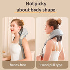 Woman using a neck and shoulder massager with text 'Not picky about body shape' and two types of usage shown.
