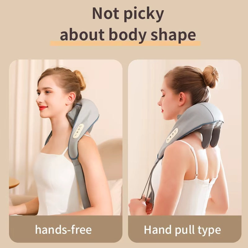 Woman using a neck and shoulder massager with text 'Not picky about body shape' and two types of usage shown.