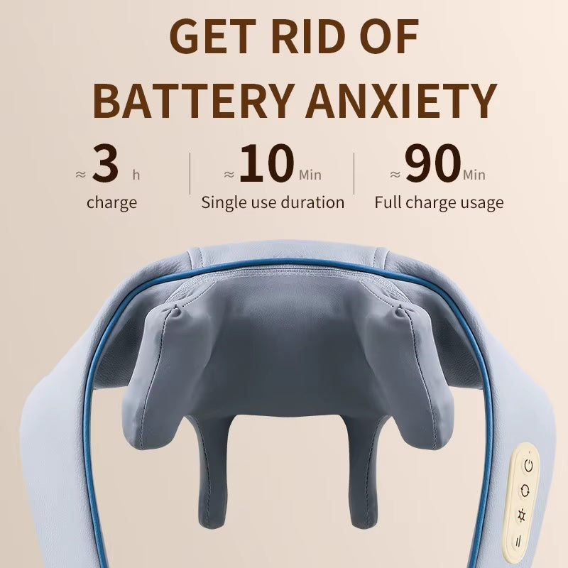 Neck massager with charging time and usage duration text on a beige background