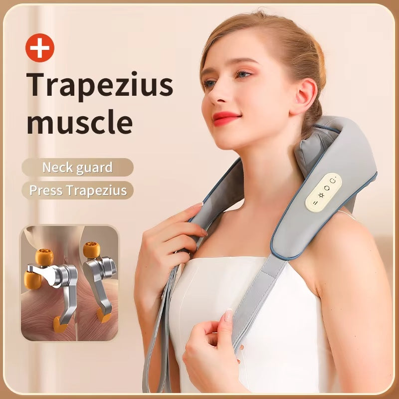 Woman using a neck guard device on her neck with text indicating it targets the trapezius muscle.