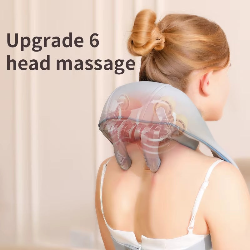 Woman using a neck and shoulder massager with text 'Upgrade 6 head massage'.